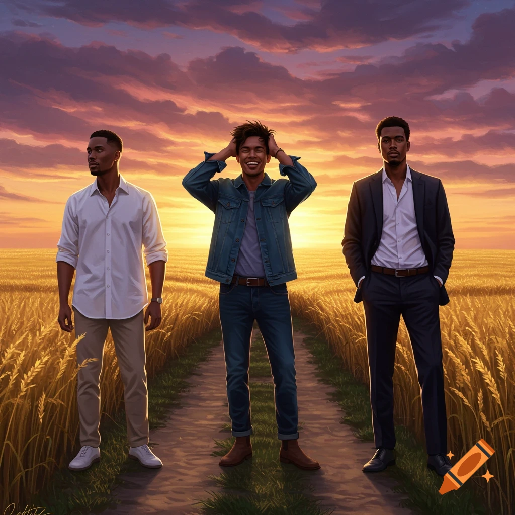Three men stand on a path in a golden wheat field during sunset, illustrated.