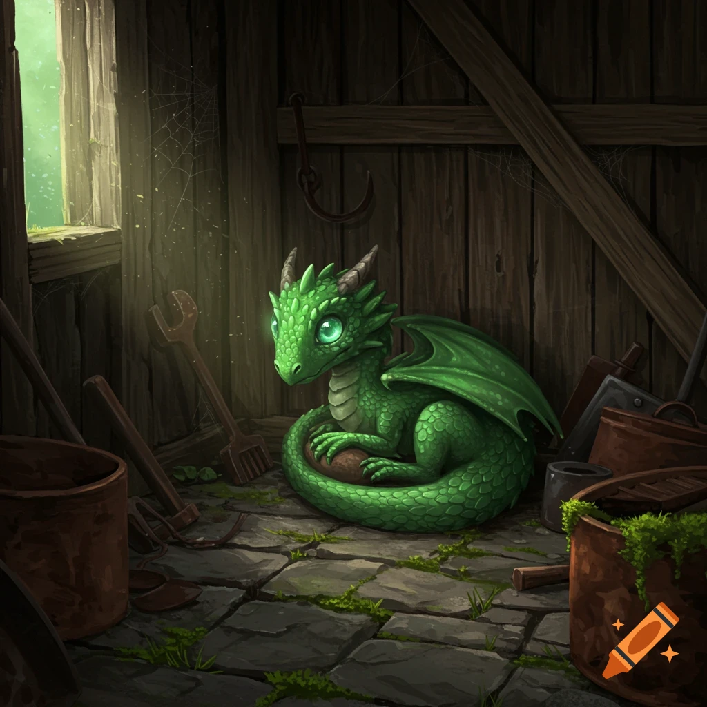 A cute, small green dragon curled up in a dark, rustic shed, illuminated by light from a window.