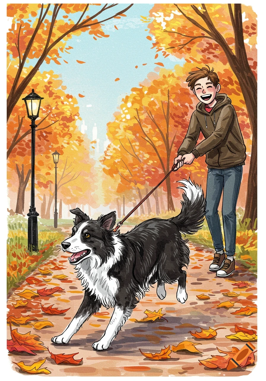 A smiling person in a brown hoodie walks a black and white Border Collie on a leash through an autumn park filled with fallen orange leaves, illustrated.