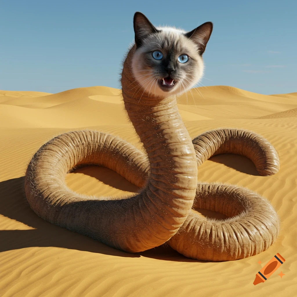 A photorealistic image of a Siamese cat's head on a giant worm-like body, with bright blue eyes, in a desert of sand dunes.