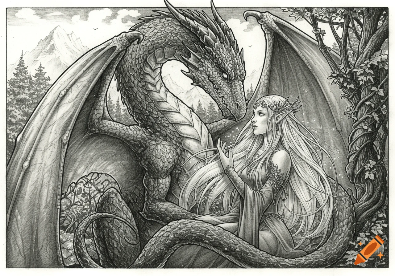 A detailed black and white line art drawing of a dragon coiling around an elf woman in a magical forest, gazing at each other.