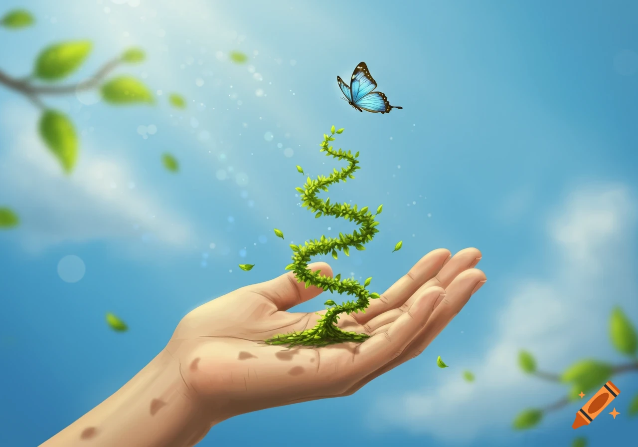 A calm hand holds a vibrant green spiral vine, from which a blue butterfly takes flight against a bright blue sky.