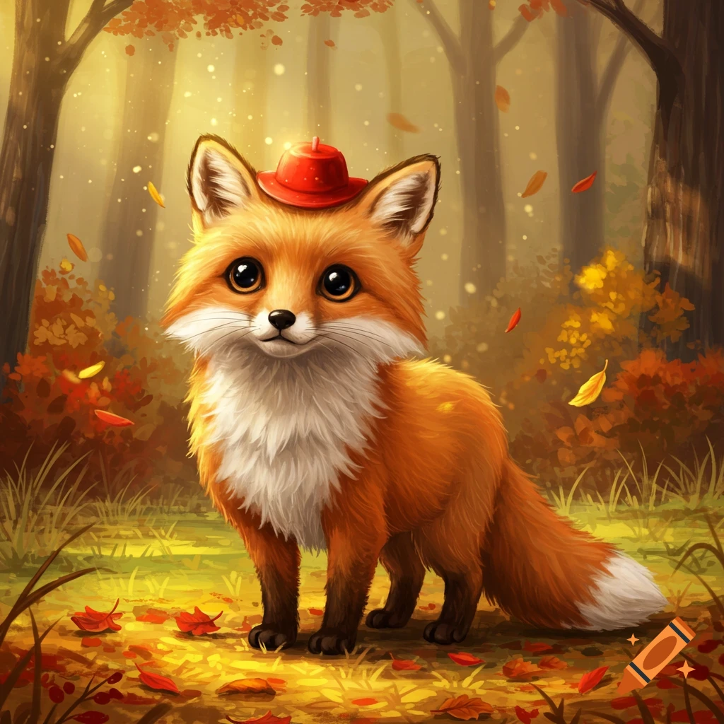 A cute, stylized orange and white fox with big eyes wears a small red hat in a sunlit autumn forest with falling leaves.
