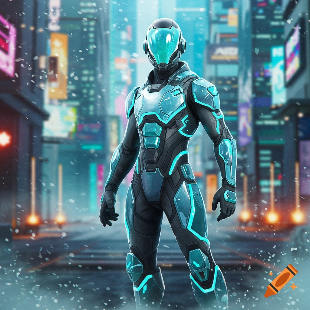 A futuristic character in glowing teal and black armor stands in a snowy cyberpunk city at night.