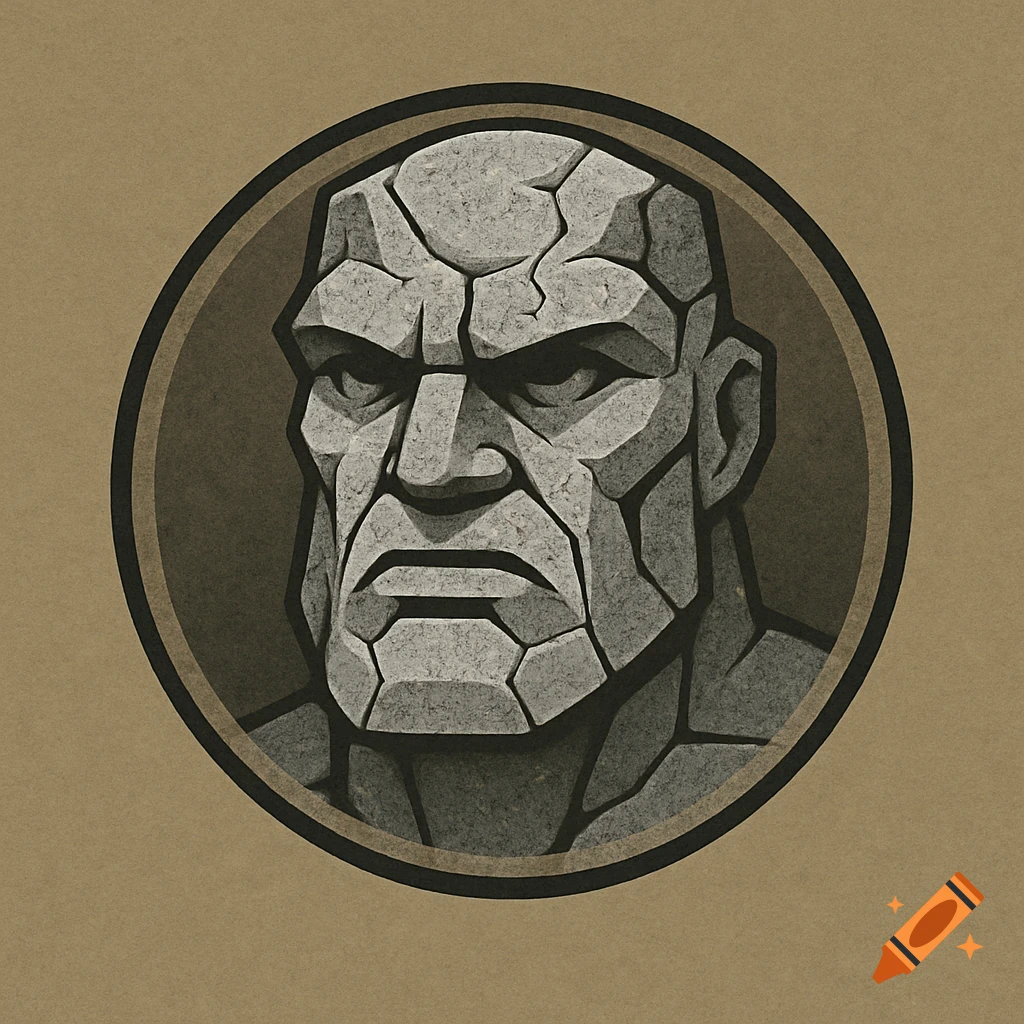 A stylized stone man's head logo with cracked, polygonal features and a stern expression, set within a circular border on a brown background.