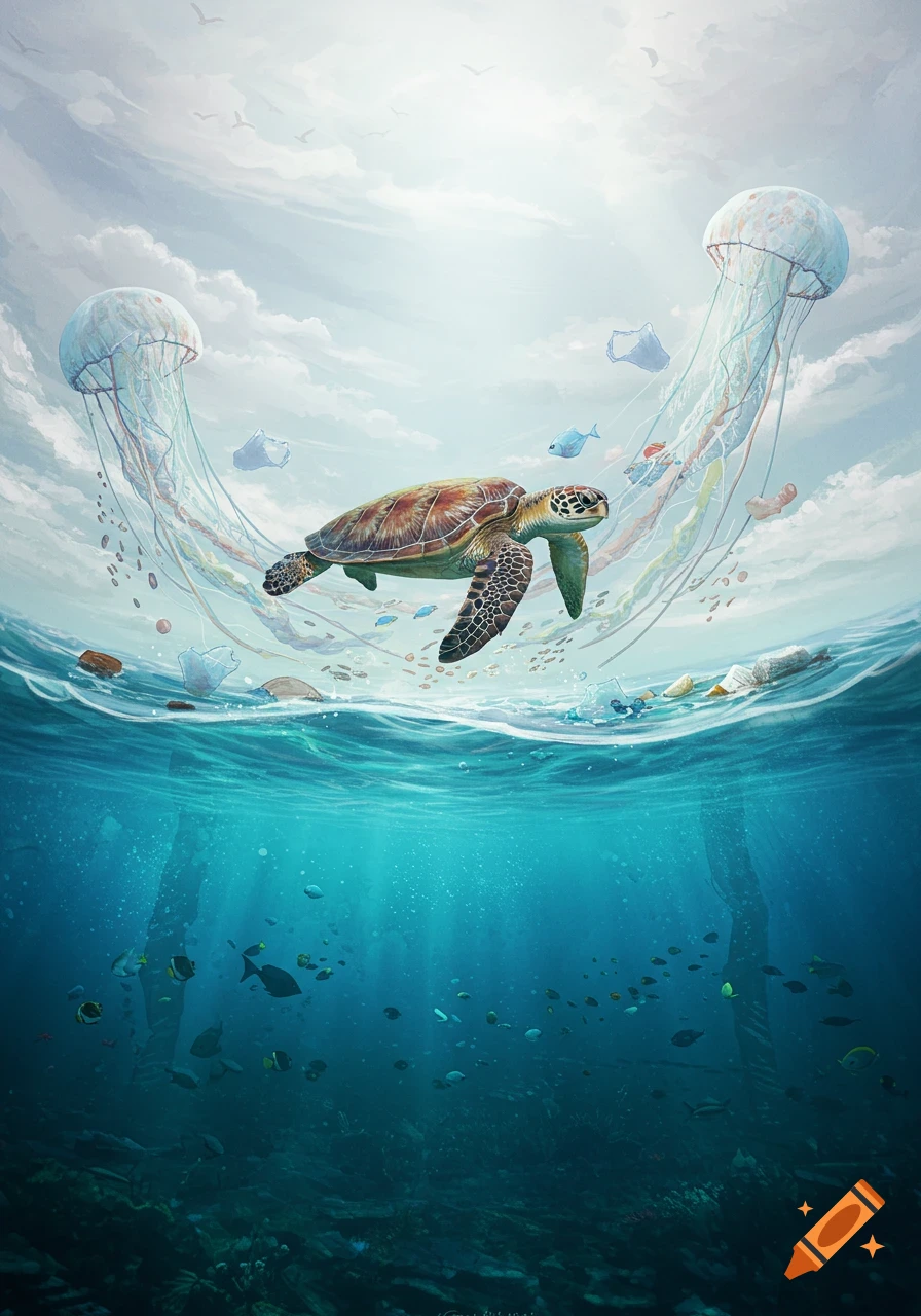 A sea turtle swims at the ocean surface, surrounded by marine life and plastic pollution, with jellyfish visible above water.