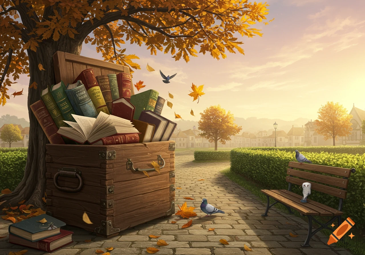 A detailed illustration showing an open wooden chest filled with old books and autumn leaves under a large tree in a park with a path and pigeons.