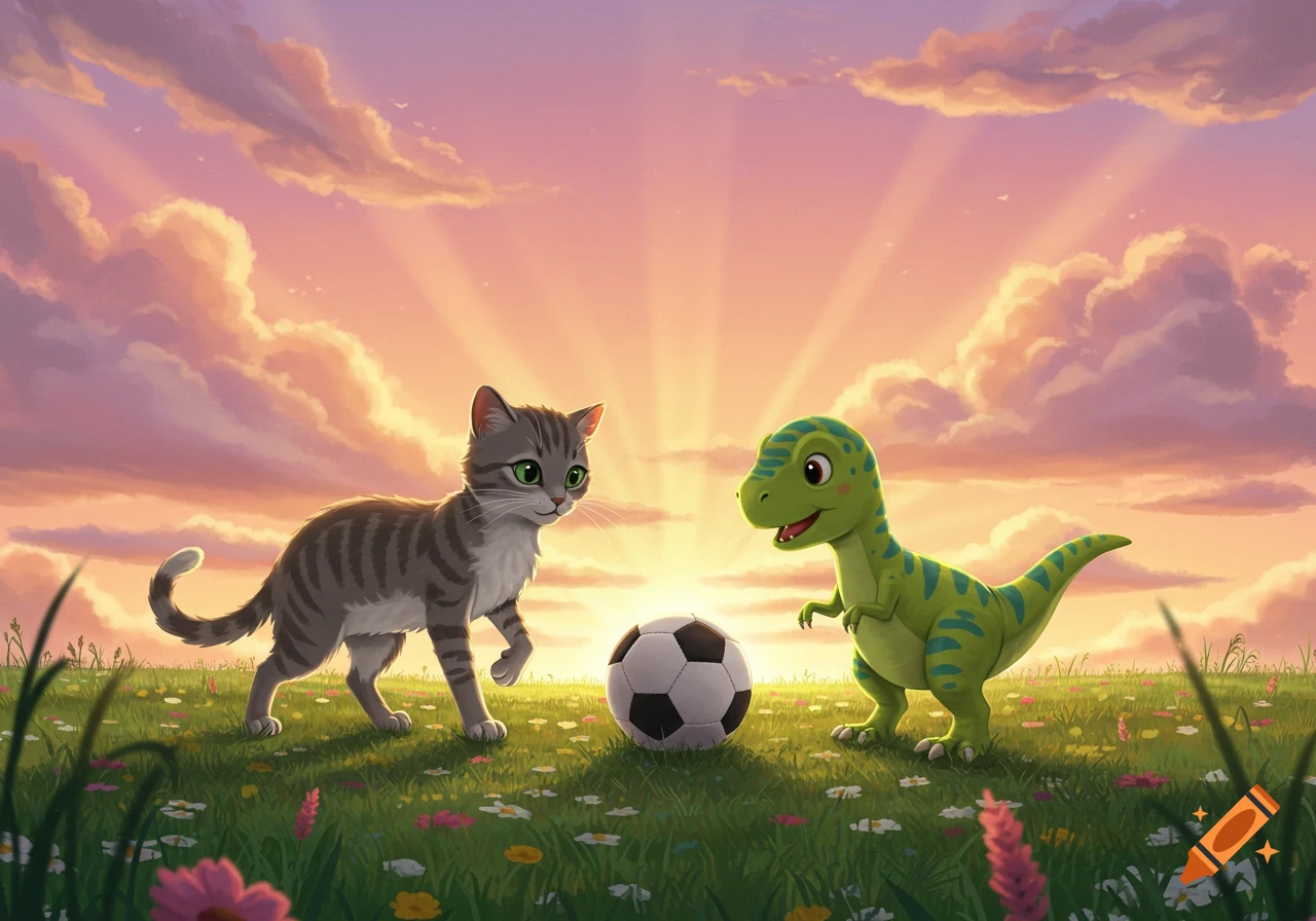 A cute cartoon cat and a green dinosaur stand in a flowery field with a soccer ball at sunset.