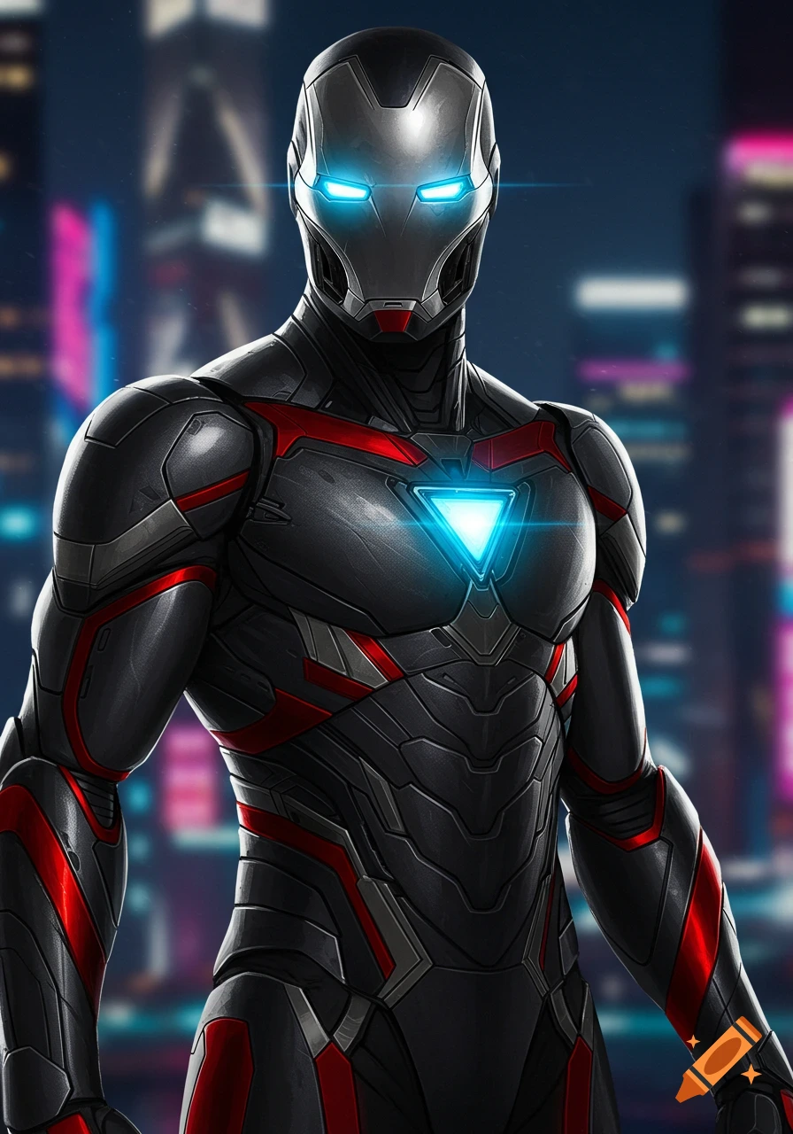 A close-up of a black and red superhero armor suit with glowing blue eyes and a triangular arc reactor against a blurry city night background.