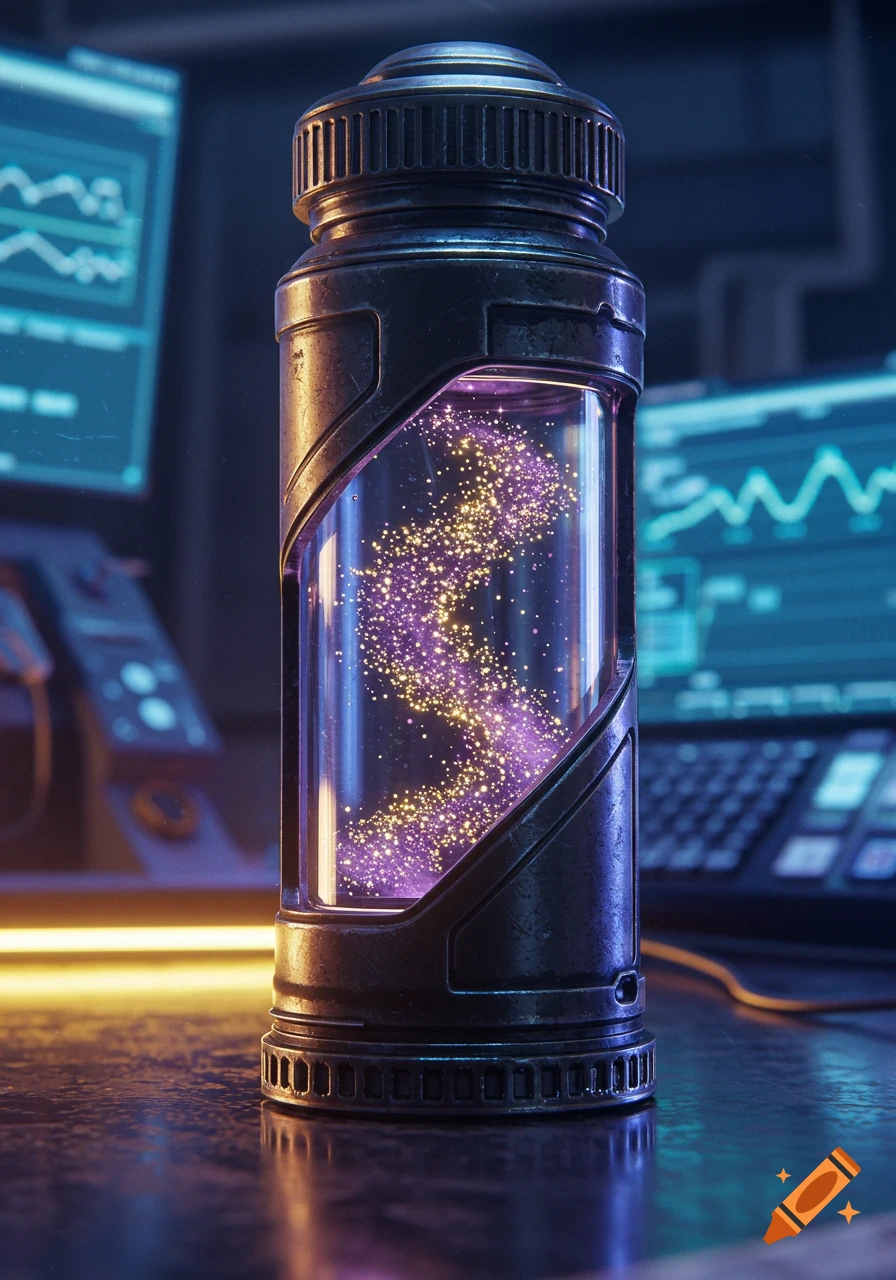 A futuristic metal and glass vial holds glowing purple and gold particles on a table in a dimly lit lab with computer screens.