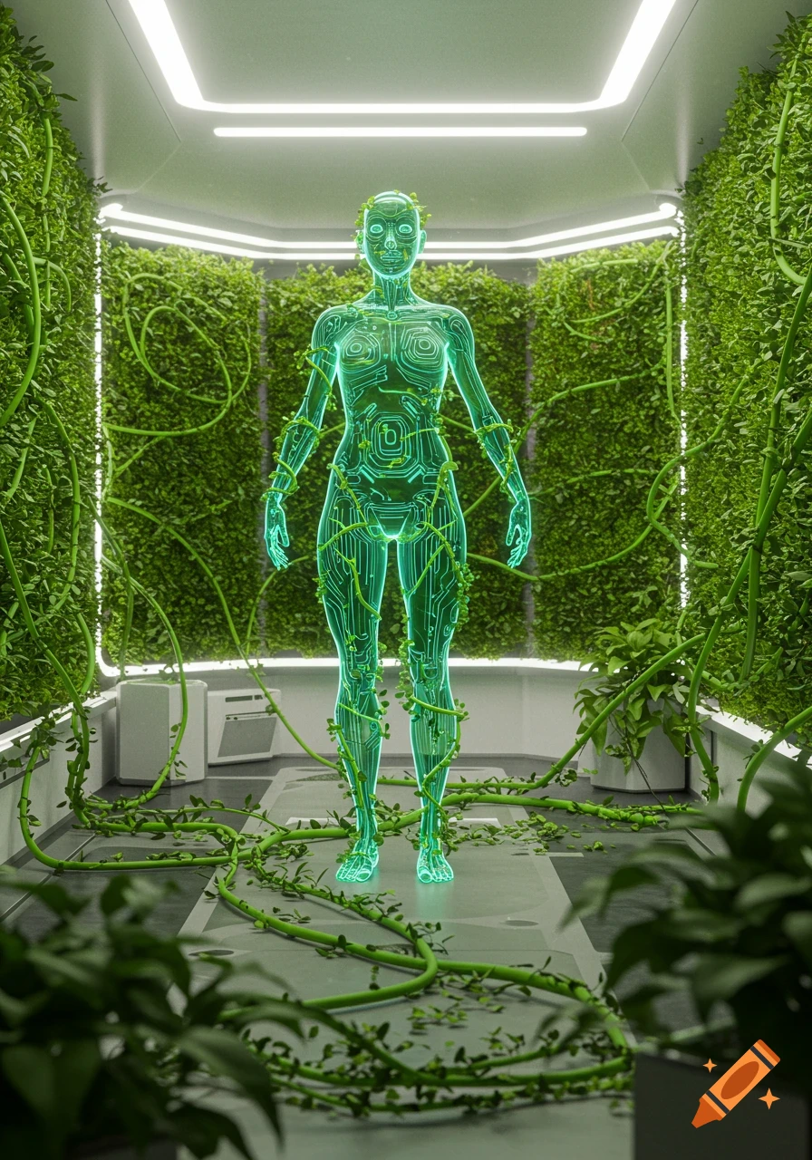 A glowing green circuit-board figure stands in a futuristic room with walls covered in lush green vines, surrounded by plants.