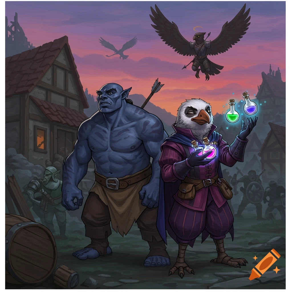 A blue-skinned orc-like figure and a raven-headed bard with potions stand in a fantasy village at dusk, with a winged warrior flying in the sky. Cartoonish style.