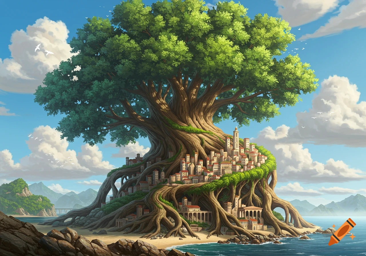 A fantastical city on a rocky shore with buildings integrated into the colossal roots and branches of a giant, lush green tree under a blue sky.