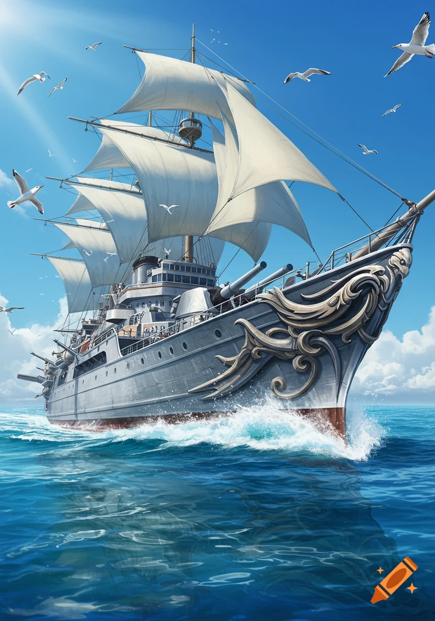A majestic, stylized warship with both sails and cannons sails on a blue ocean under a bright sky with seagulls.