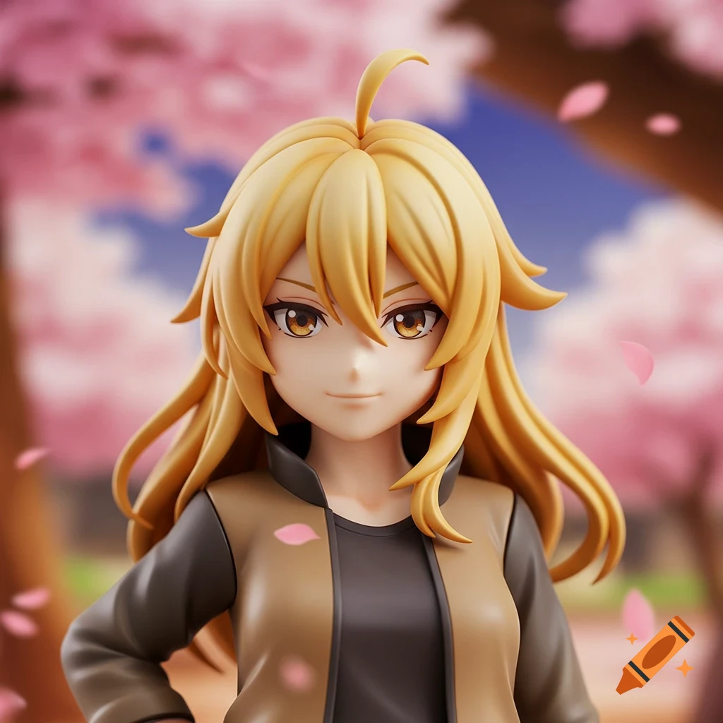A blonde-haired anime figurine with brown eyes in a brown and black jacket stands before pink cherry blossoms.