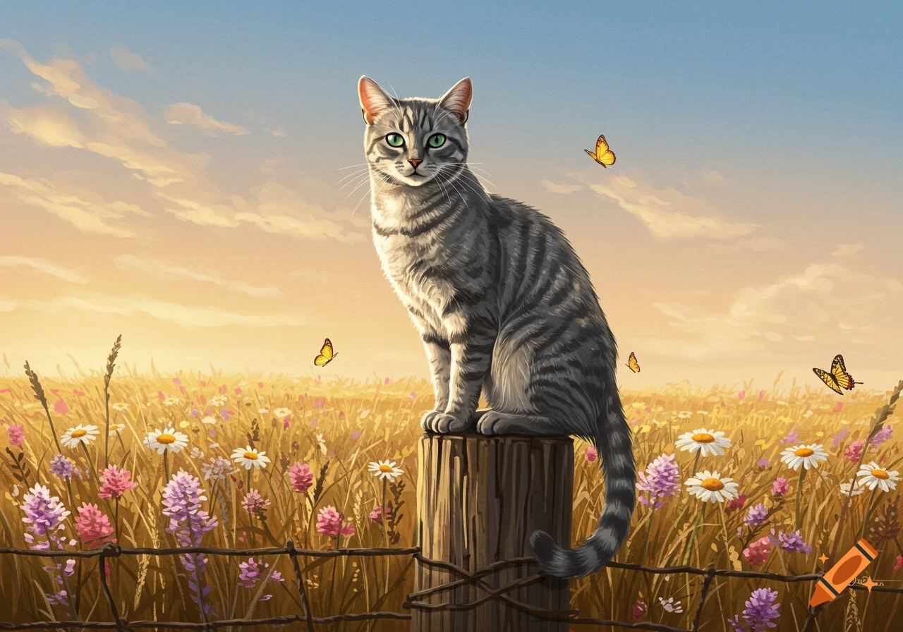 An illustration of a gray tabby cat with green eyes sitting on a fence post in a field of colorful wildflowers, with butterflies and a sunset sky.