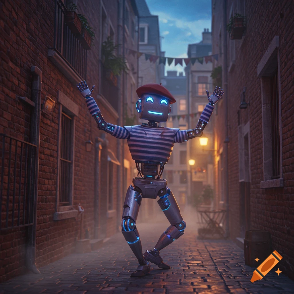 A happy robot wearing a red beret and striped shirt mimics a French mime artist in a cobbled European alley at dusk.