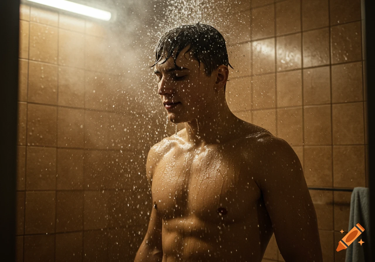 Photorealistic image of a shirtless man showering in a tiled bathroom, water splashing over him.