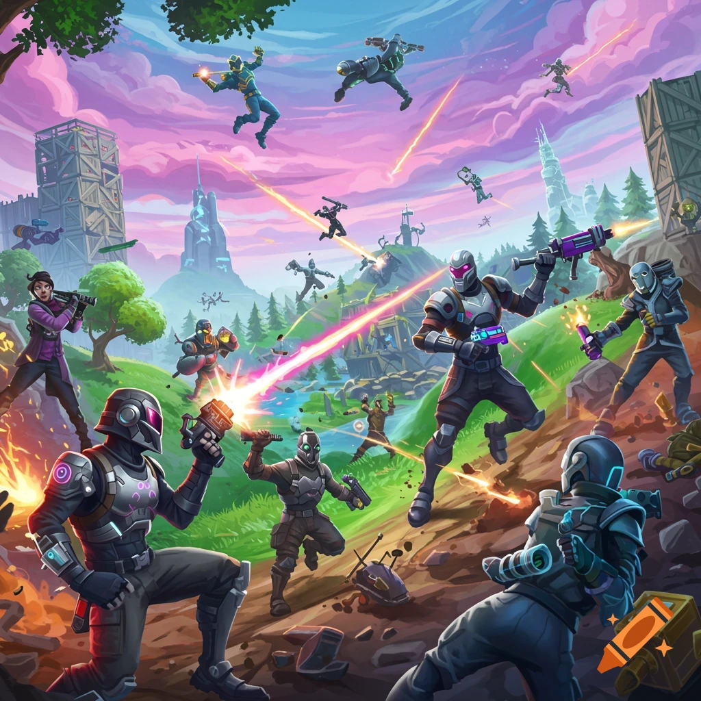A vibrant, stylized illustration of numerous armored characters engaged in a laser gun battle across a hilly landscape with futuristic structures.