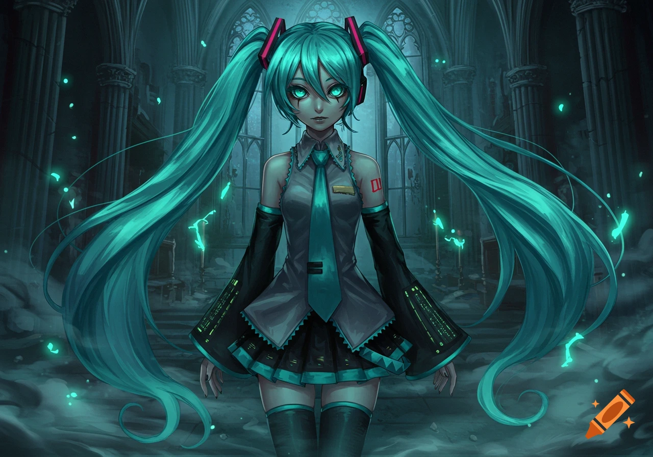 An anime-style Hatsune Miku with glowing teal eyes stands in a dark gothic cathedral, surrounded by glowing particles.
