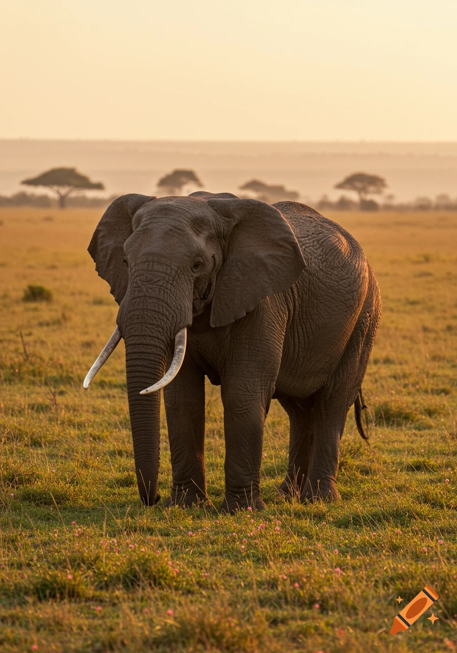 An African elephant stands in a golden grassy savanna at sunset, with distant trees under a hazy sky.
