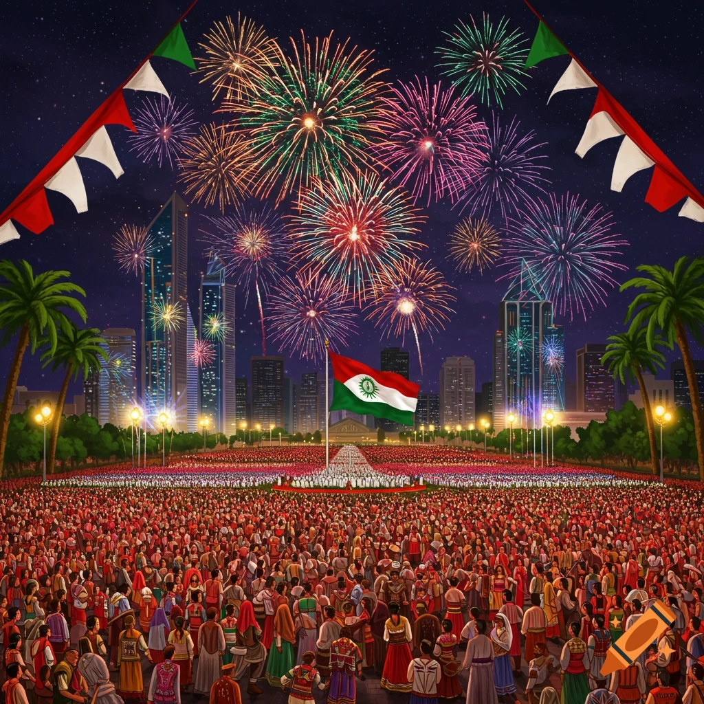 A massive crowd celebrates at night under a sky full of colorful fireworks over a city skyline, with a large flag flying prominently.