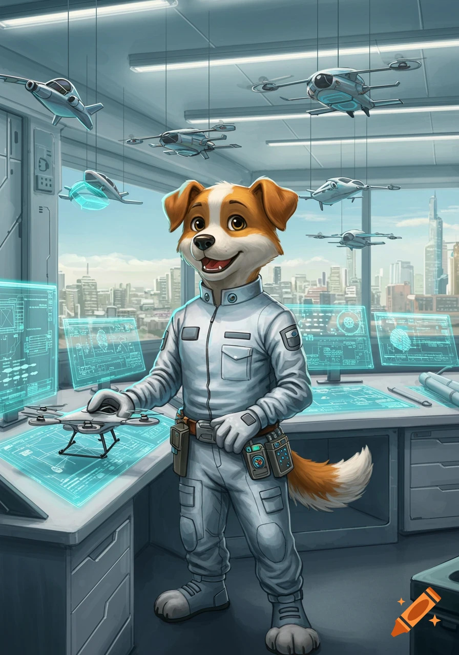 Cartoon anthropomorphic dog technician in a white jumpsuit holds a drone in a futuristic control room with holographic screens and flying drones.