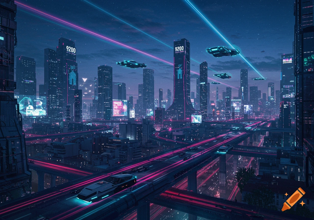 A vibrant, neon-lit futuristic city at night, with towering skyscrapers, flying vehicles, and glowing elevated highways.