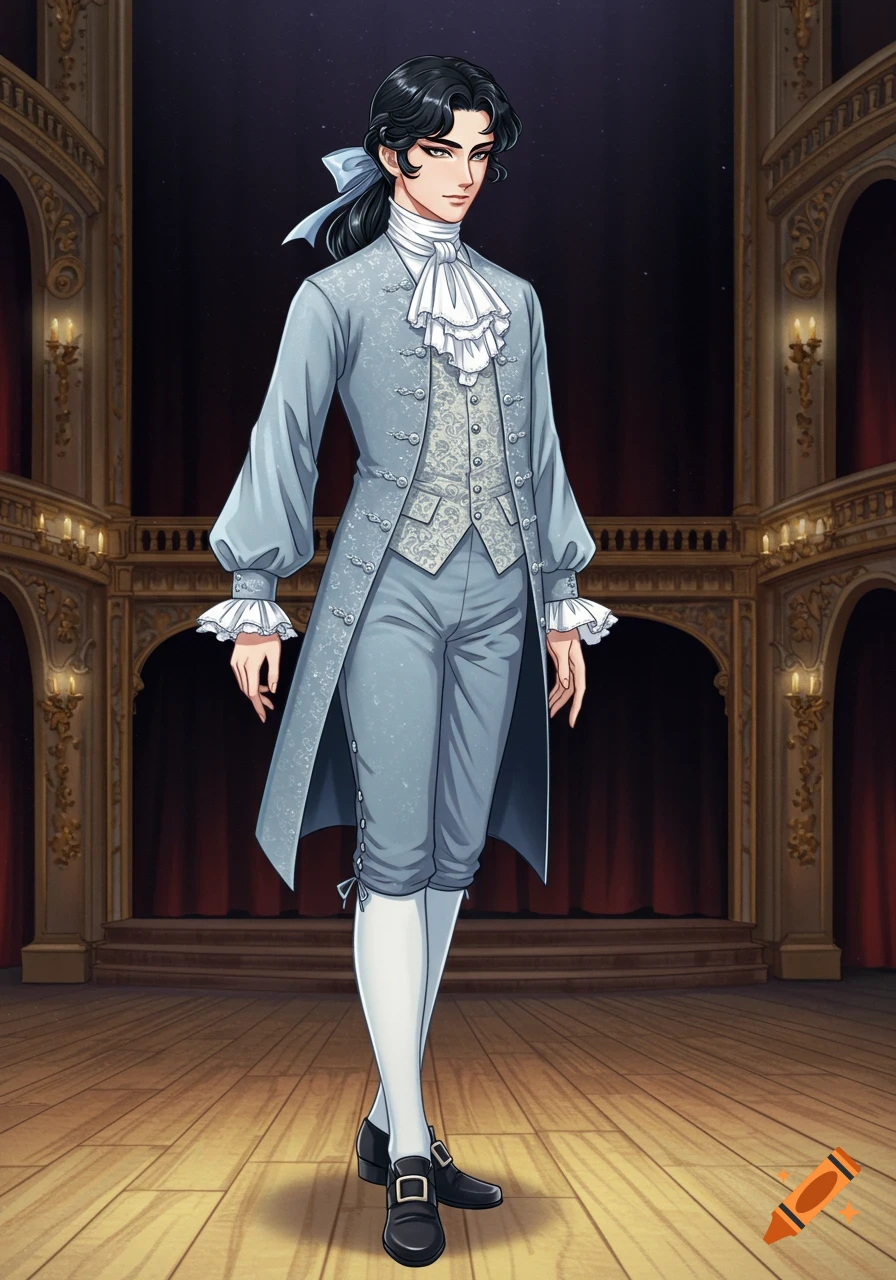 Anime style young man in light blue 18th-century clothing, dark hair in a ponytail, standing on an opera stage.