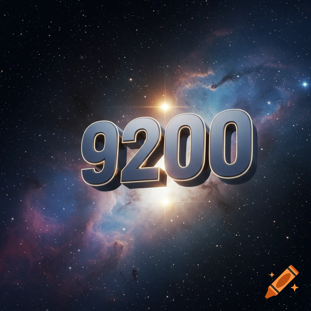 A 3D rendered number 9200 floats against a vibrant starry space nebula.