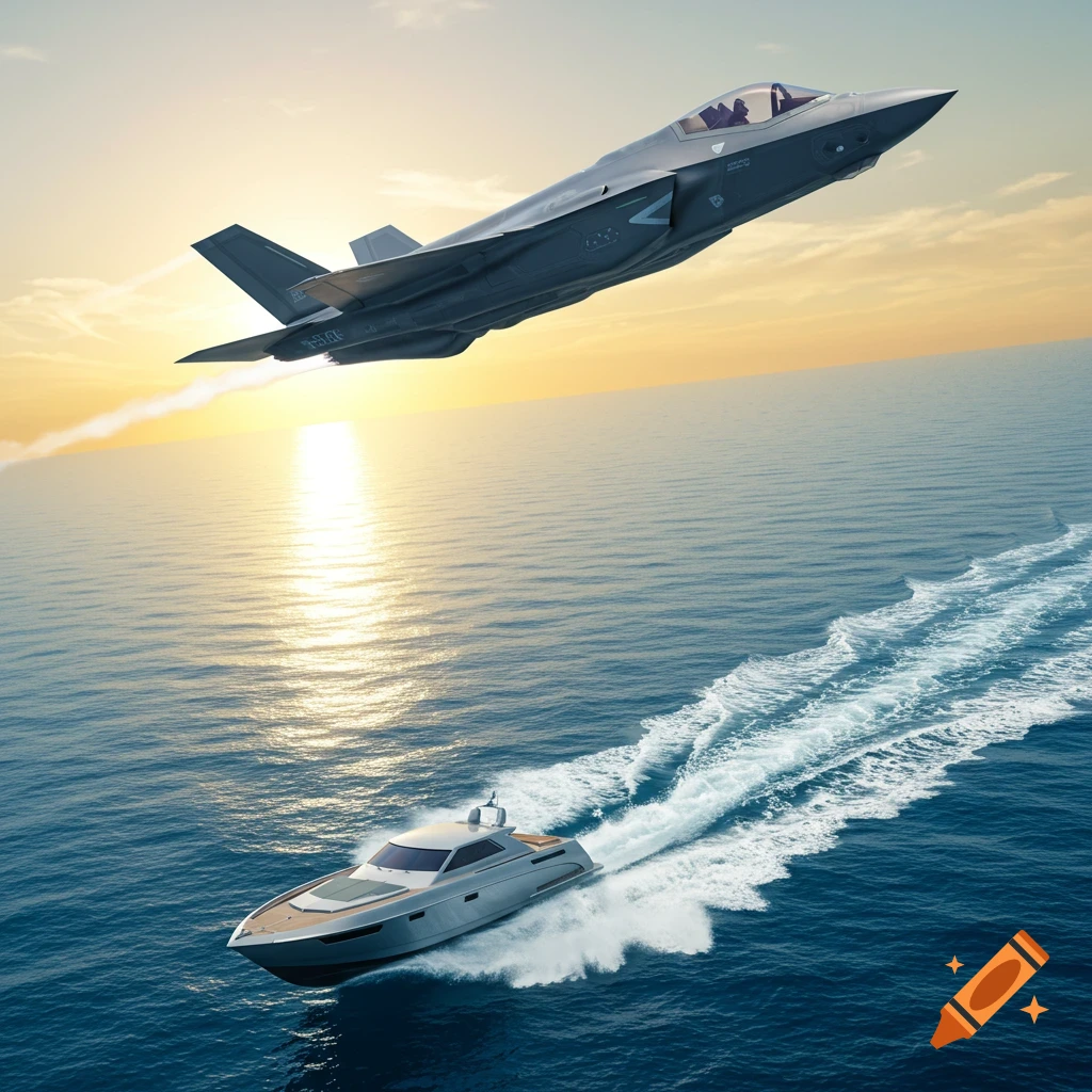 A modern fighter jet flies low over a speed boat creating a wake on the ocean, with the sun setting on the horizon.