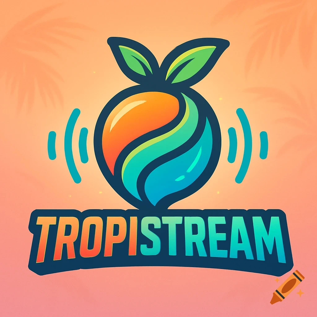 A vibrant tropical logo featuring a stylized fruit with leaves and sound waves above the word TROPISTREAM.