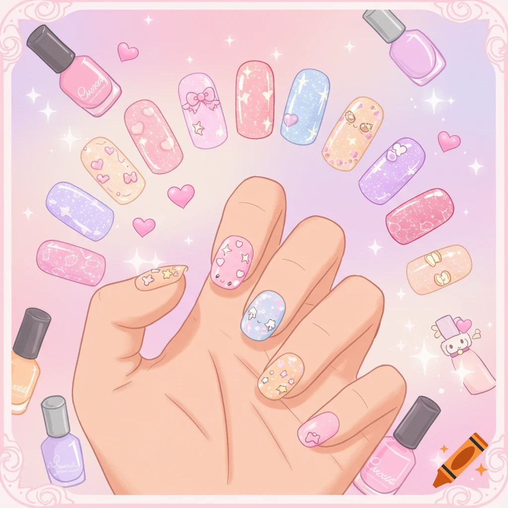 A cute illustration of a hand displaying decorated nails, surrounded by various pastel-colored nail polish bottles and separate decorative nail tips.