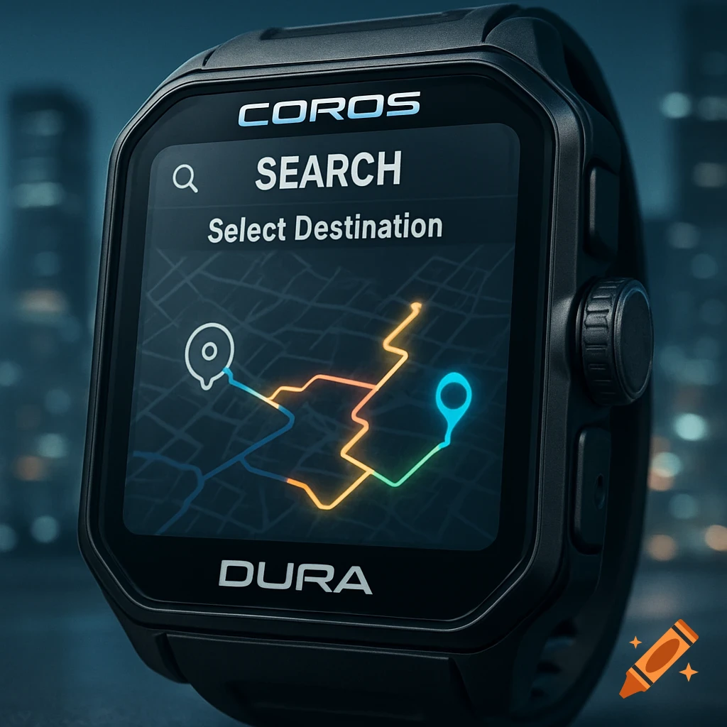 A black smartwatch displaying a navigation app with 'SEARCH', 'Select Destination', a colorful route on a map, and 'COROS DURA' branding.