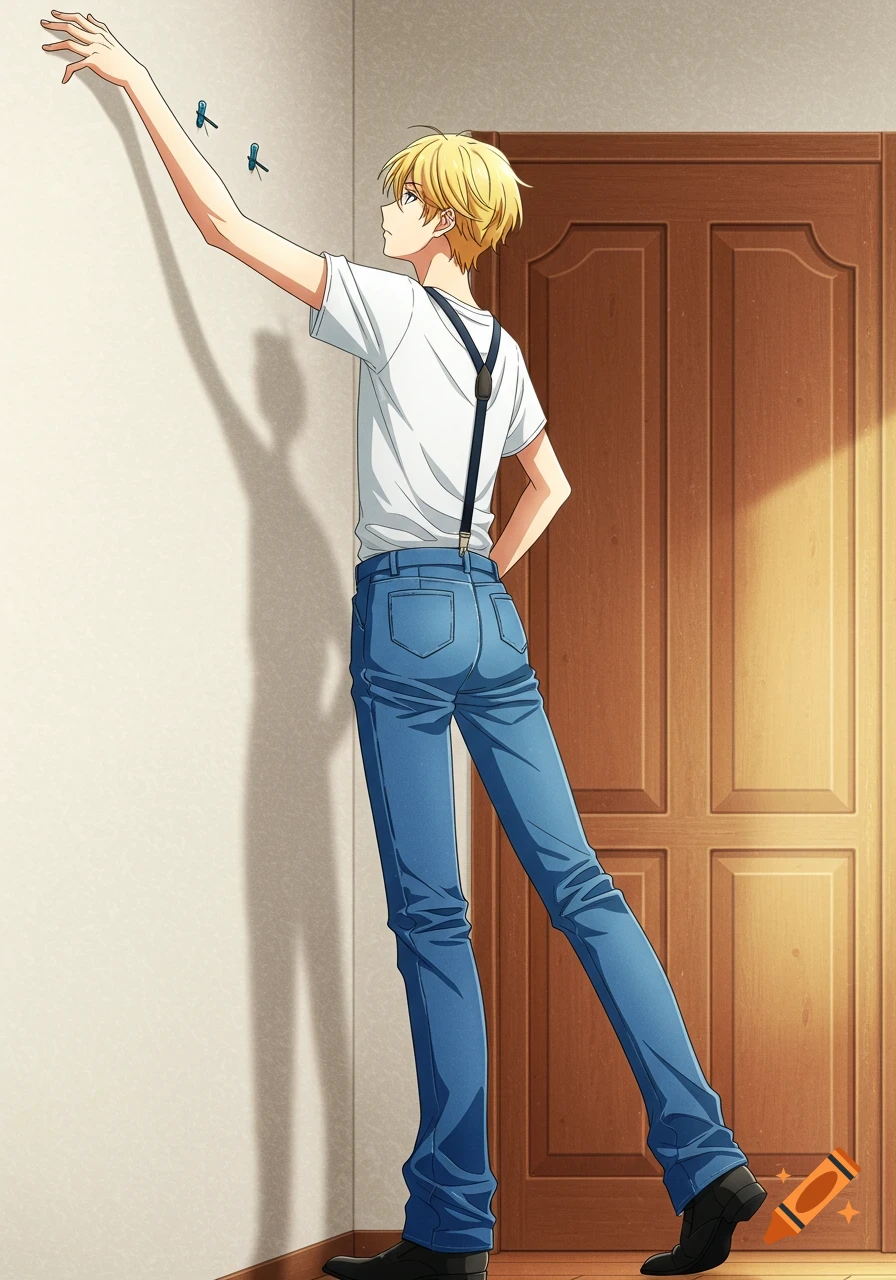 An anime style illustration of a blond-haired young man in a white t-shirt, blue jeans, and suspenders, reaching up a wall next to a wooden door.