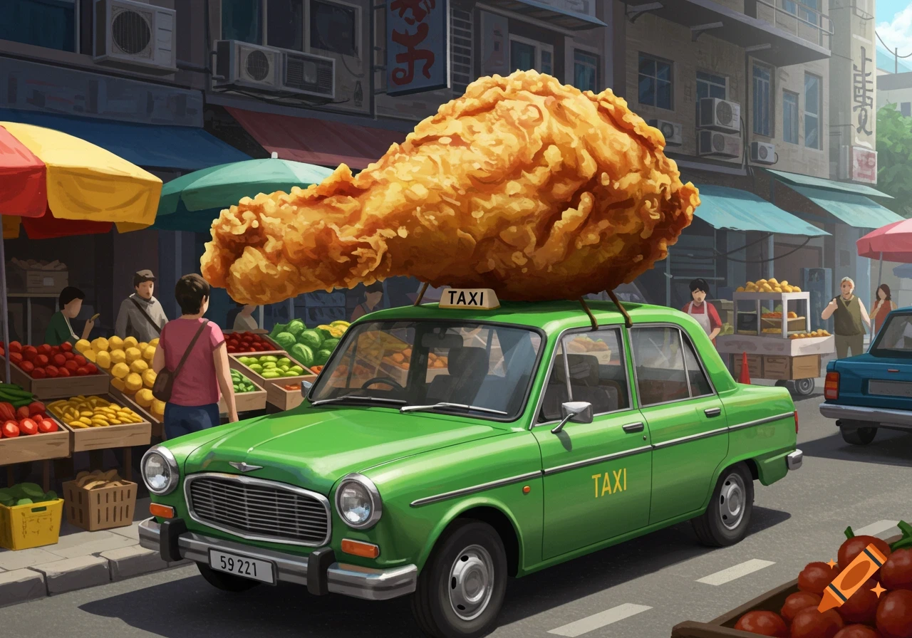 A huge fried chicken leg on the roof of a green taxi driving past street market stalls with produce and people.