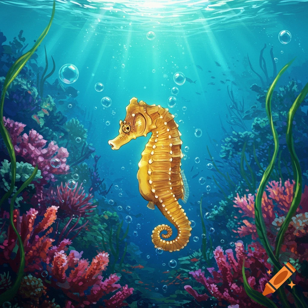 A golden seahorse swims amidst colorful coral and seaweed in a vibrant underwater scene with sunlight filtering from above.