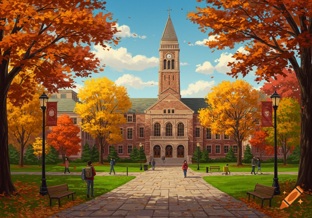 Vibrant illustration of a university campus in autumn with a clock tower building, colorful trees, and students walking on pathways.