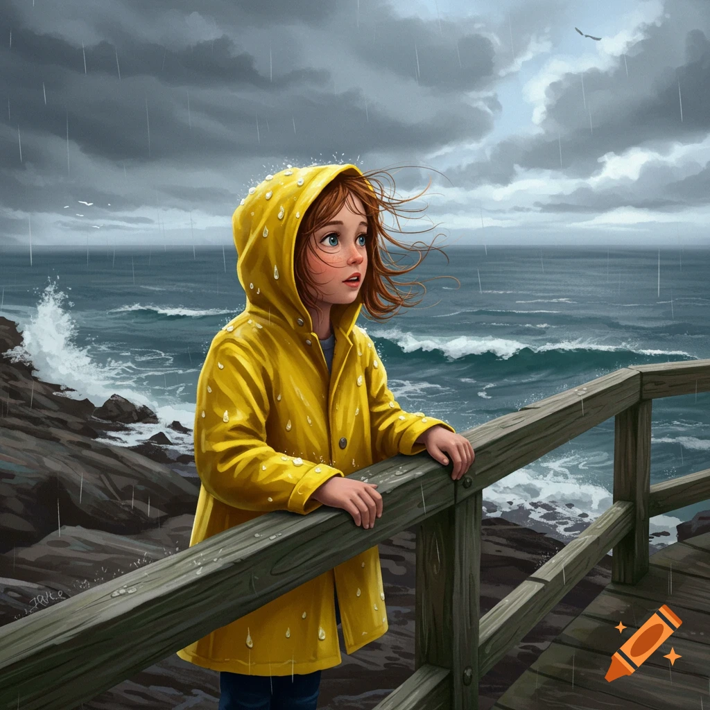 A girl in a yellow raincoat stands on a wooden pier, looking out at a stormy, rainy sea with waves crashing on rocks.