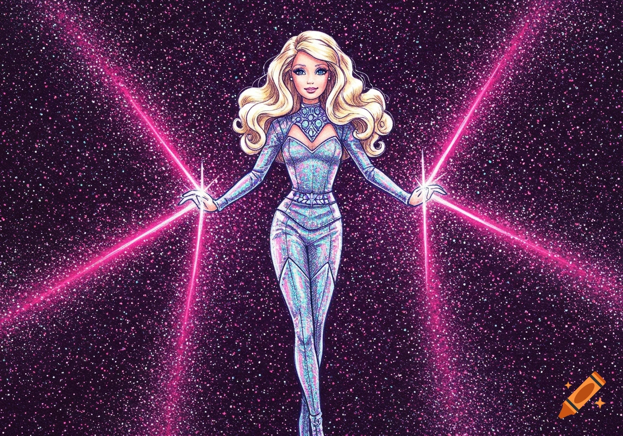 Pen drawing of Barbie in a shimmering jumpsuit, radiating pink light from her hands against a glittery cosmic background.