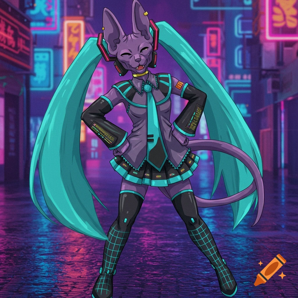 A purple cat-like Beerus in a Hatsune Miku costume poses in a neon cyberpunk city street.