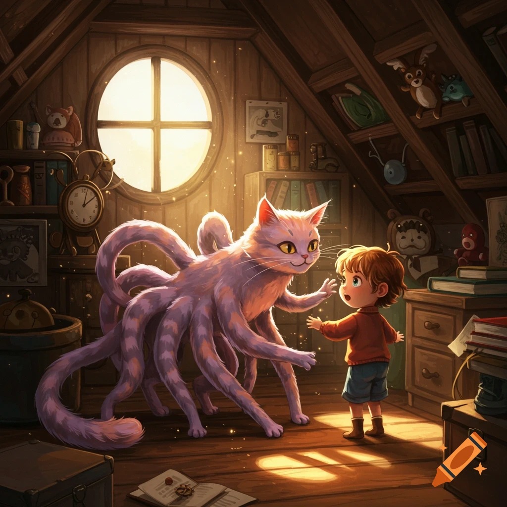 An eight-legged cat affectionately greets a surprised child in a magically lit attic.
