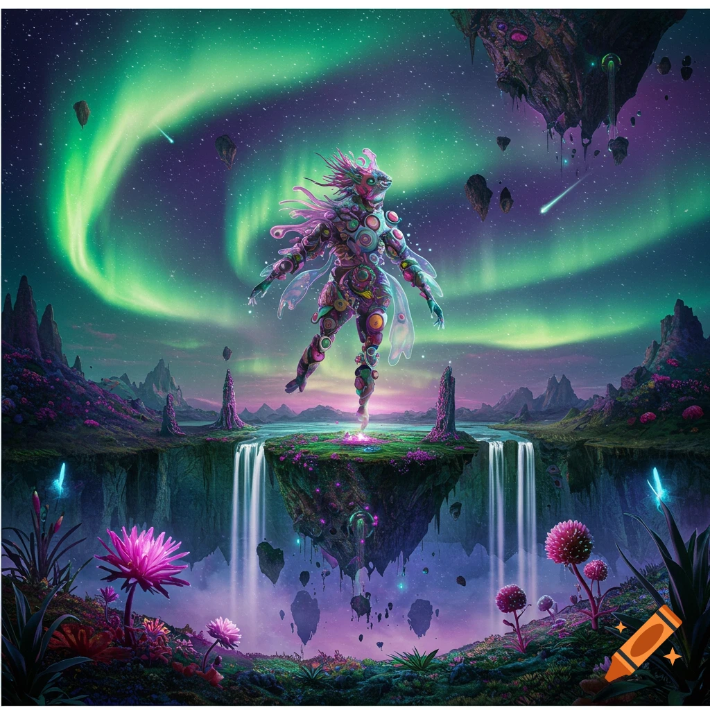 A vibrant, insect-like creature with wings stands on a floating island with waterfalls, in a surreal landscape under a green aurora.