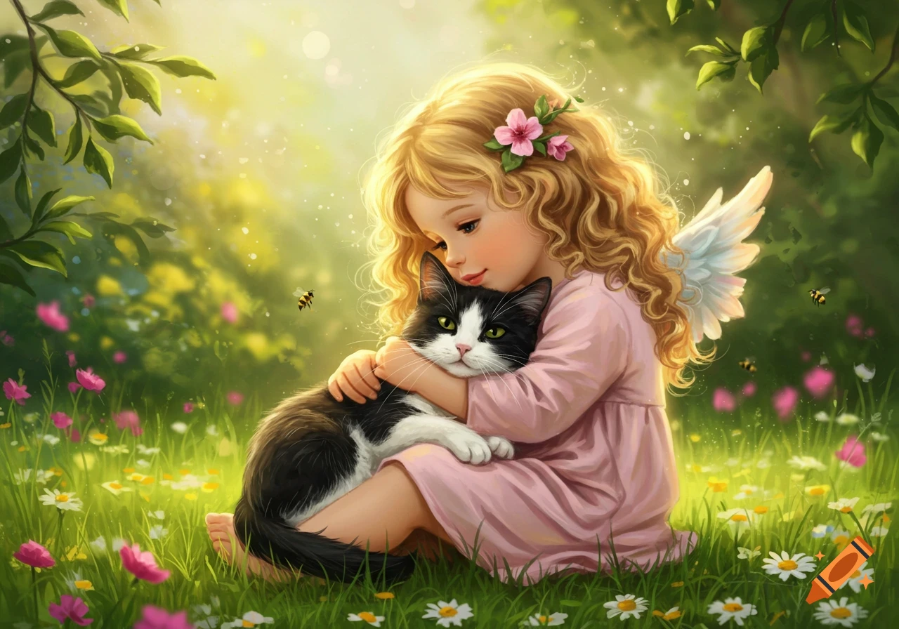 An illustration of a blonde girl with small wings hugging a black and white cat in a sunny, flower-filled meadow.