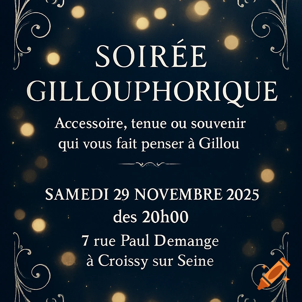 An elegant, luminous invitation card on a dark background with golden bokeh lights and white scrollwork. White text announces "Soirée Gillouphorique" for Saturday, November 29, 2025, at 7 rue Paul Demange, Croissy sur Seine.