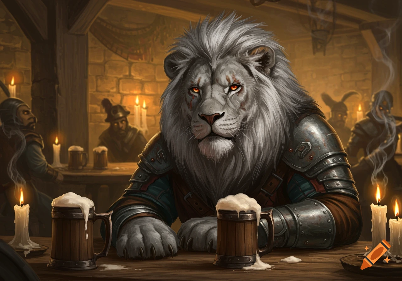 An anthropomorphic grey lion warrior in armor sits at a candlelit wooden bar with two mugs of beer.