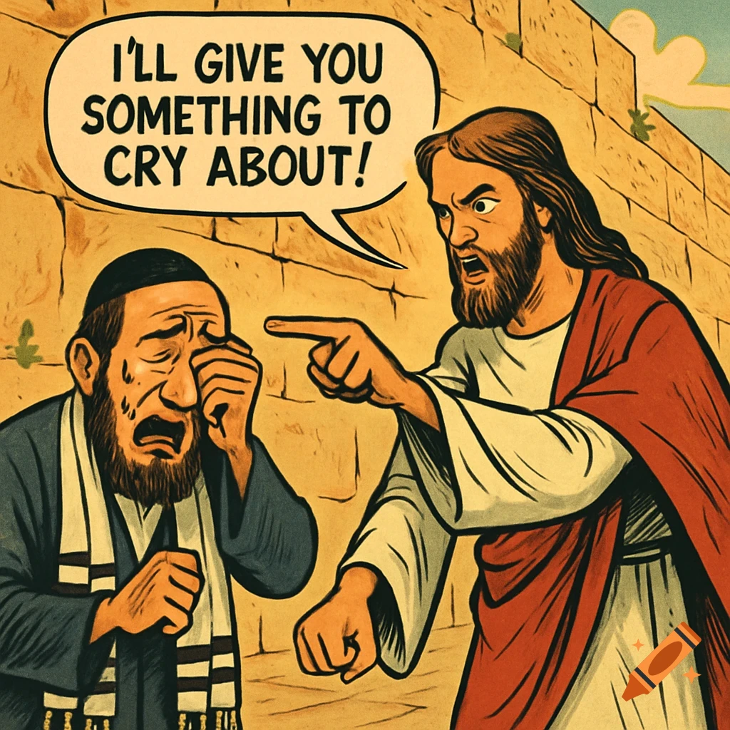 Comic book style image of an angry Jesus pointing and shouting "I'LL GIVE YOU SOMETHING TO CRY ABOUT!" at a crying man by a stone wall.