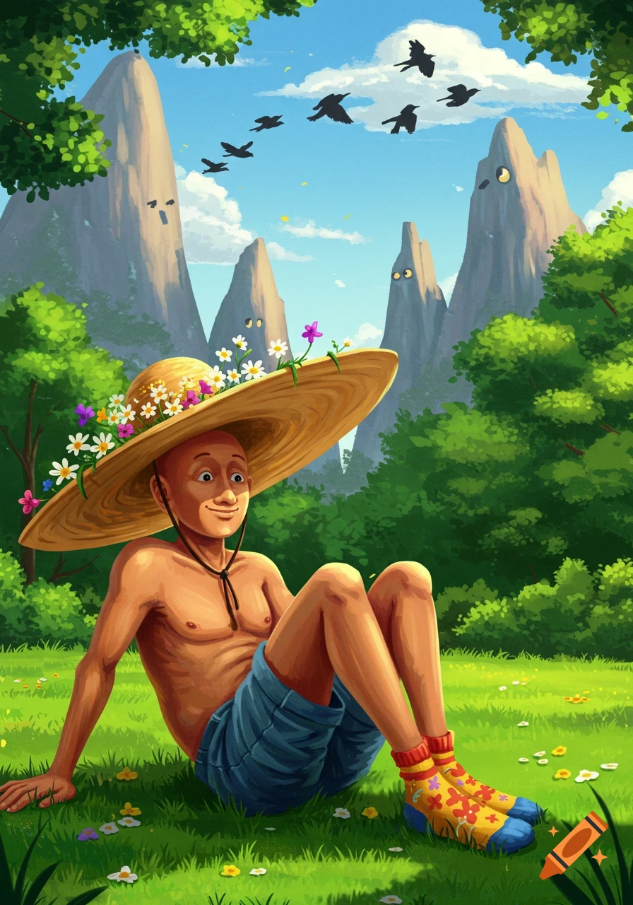 A bald man wearing a large straw hat and colorful socks sits in a green park, surrounded by whimsical mountains with faces and flying birds.