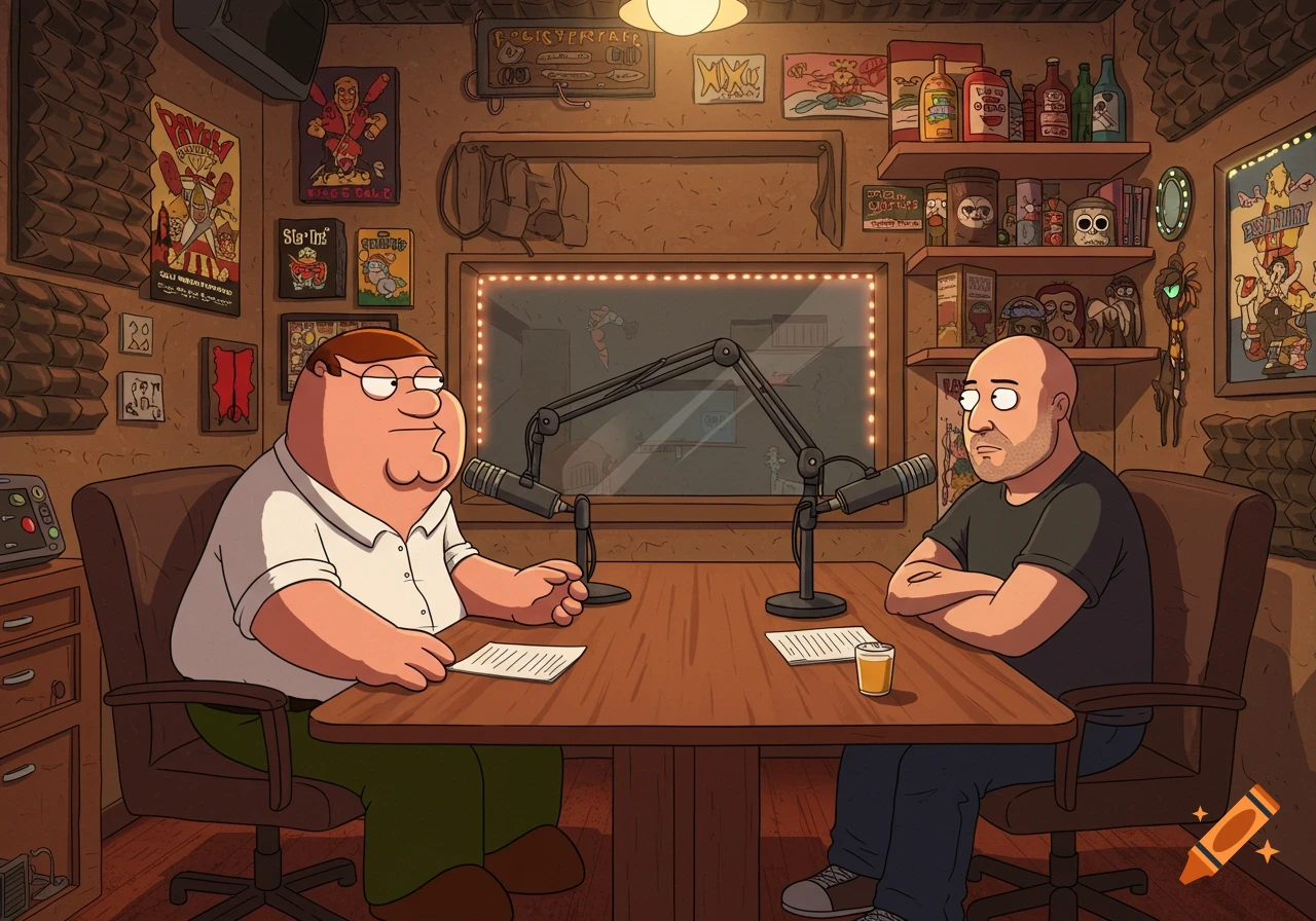 Peter Griffin and Joe Rogan sit across from each other at a table with microphones in a cozy, cluttered podcast studio.