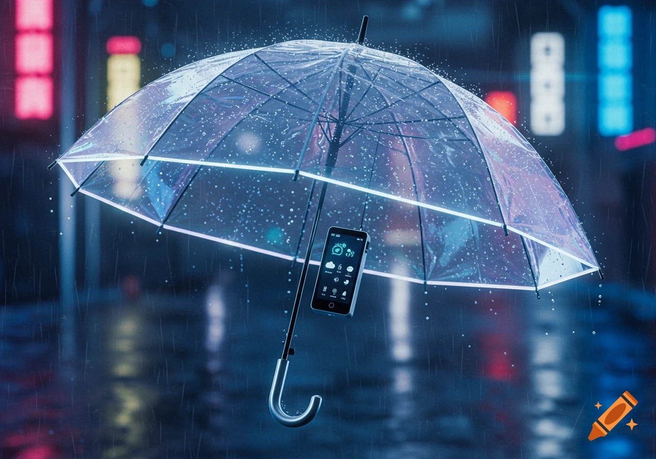 A glowing transparent umbrella with a smartphone displaying weather apps, in a rainy, neon-lit city at night.